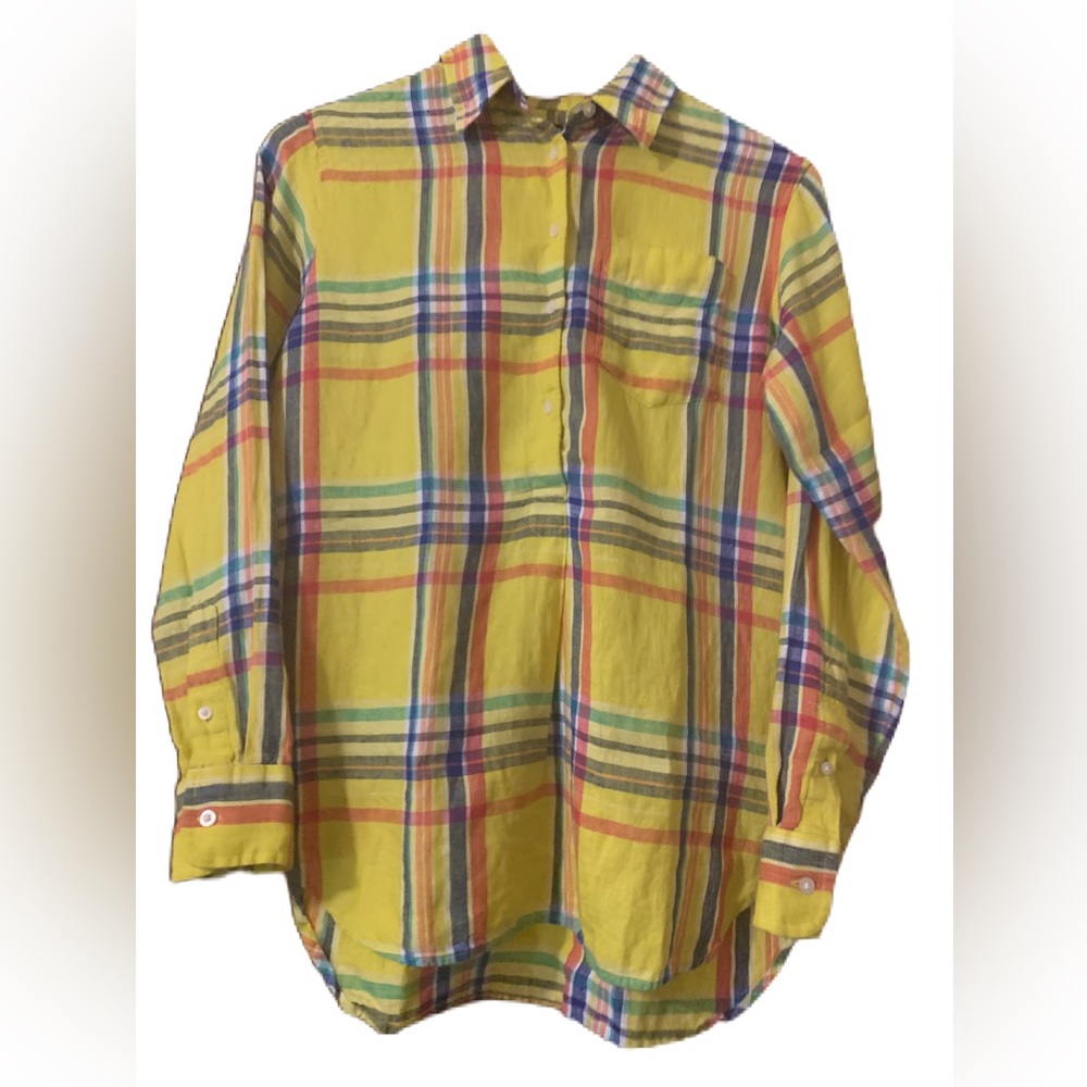 LAUREN Ralph Lauren 100% Linen Yellow Multi-Color Plaid Women Shirt